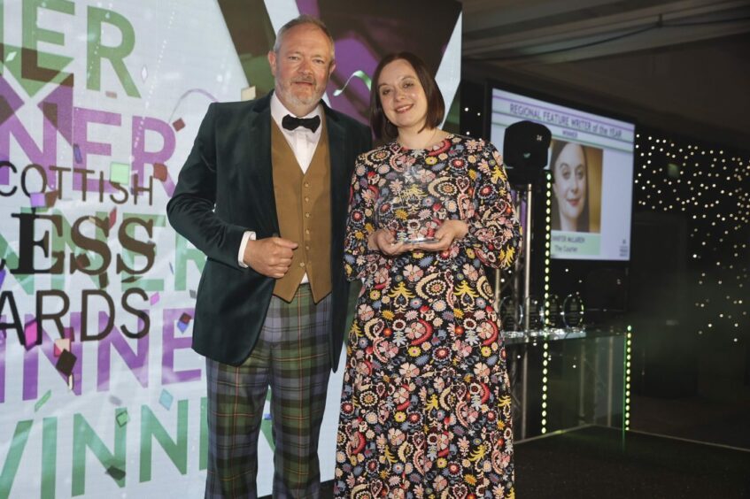 The Courier journalist Jennifer McClaren with Richard Neville at The Scottish Press Awards. Image: Andrew Barr.