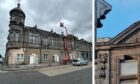 The landmark Lochgelly building has been fenced off/ close up of missing stonework. Image: Neil Henderson/DC Thomson