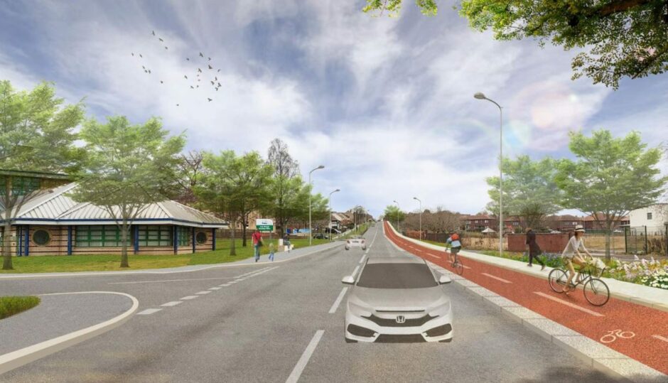 Pitkerro Road in Dundee with a cycle lane added as part of the active freeway plans. 
