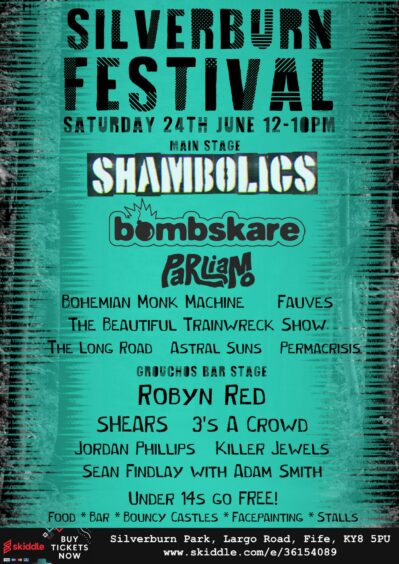 This year's Silverburn Festival line-up posting advertising Shambolics on the main stage. 