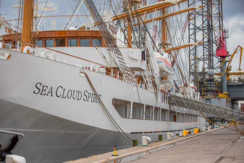 Sea Cloud Spirit docked at King George V Wharf in Dundee. 
