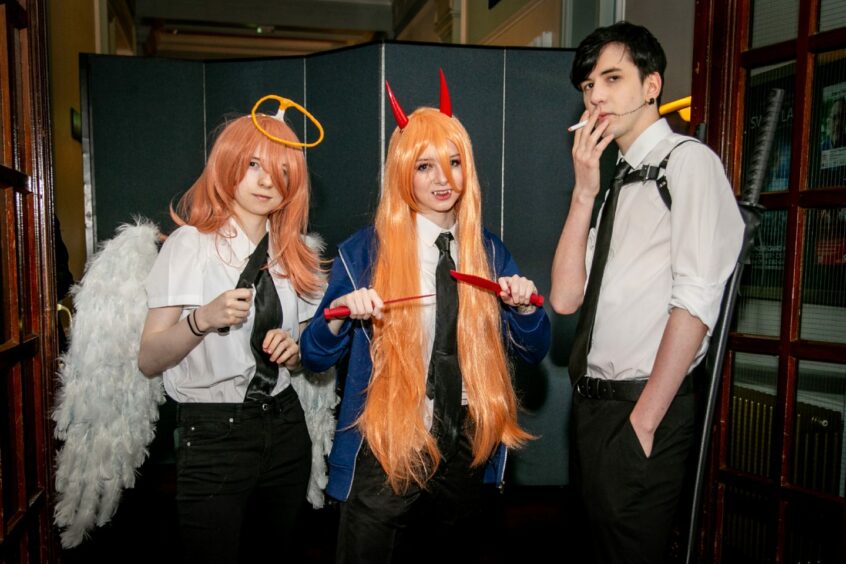 Ellis as Angel Devil, Hannah as Power and Alex as Young Kishibe all from Chain Saw Man.