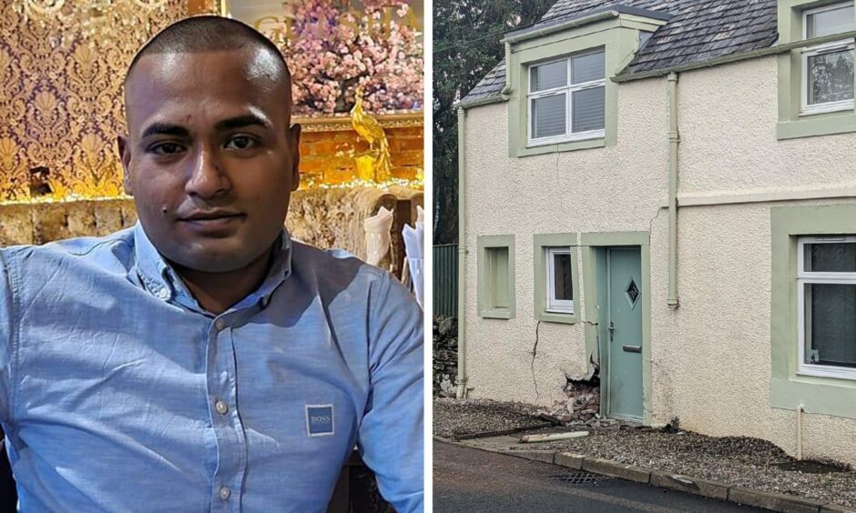 Graphic showing Shah Al Faysal and the damaged house in Orchil Road, Auchterarder