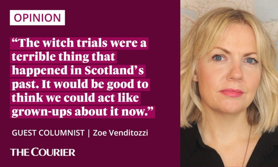 The writer Zoe Venditozzi next to a quote: "The witch trials were a terrible thing that happened in Scotland's past. It would be good to think we could act like grown-ups about it now."