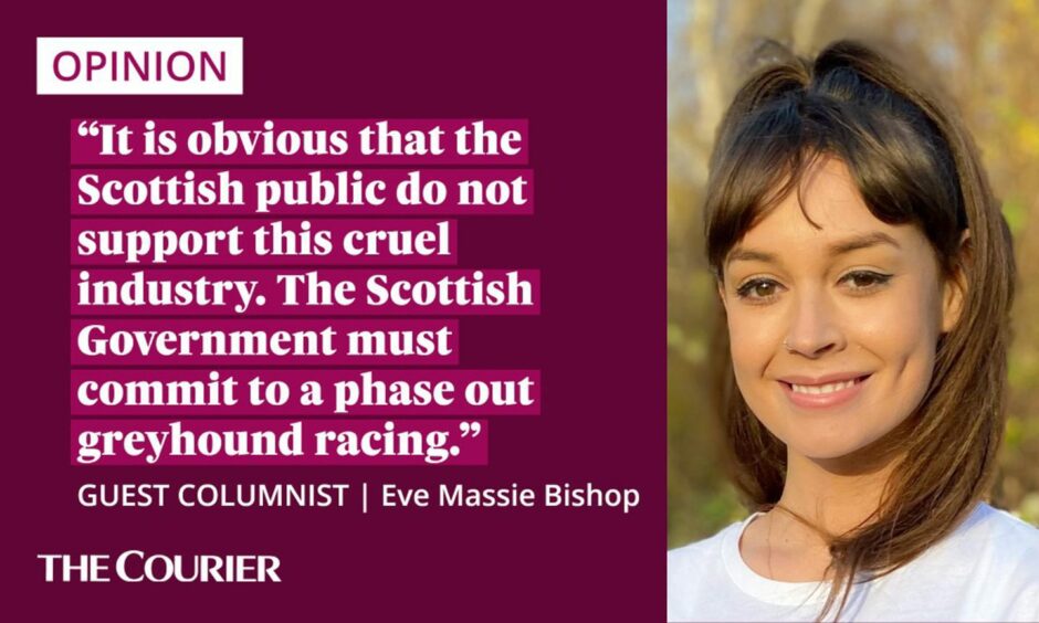 The writer Eve Massie Bishop next to a quote: "It is obvious that the Scottish public do not support this cruel industry. The Scottish Government must commit to a phase out greyhound racing."