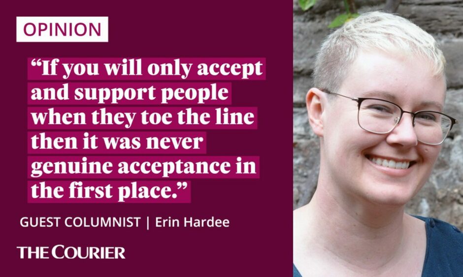 The writer Erin Hardee next to a quote: "If you will only accept and support people when they toe the line then it was never genuine acceptance in the first place."