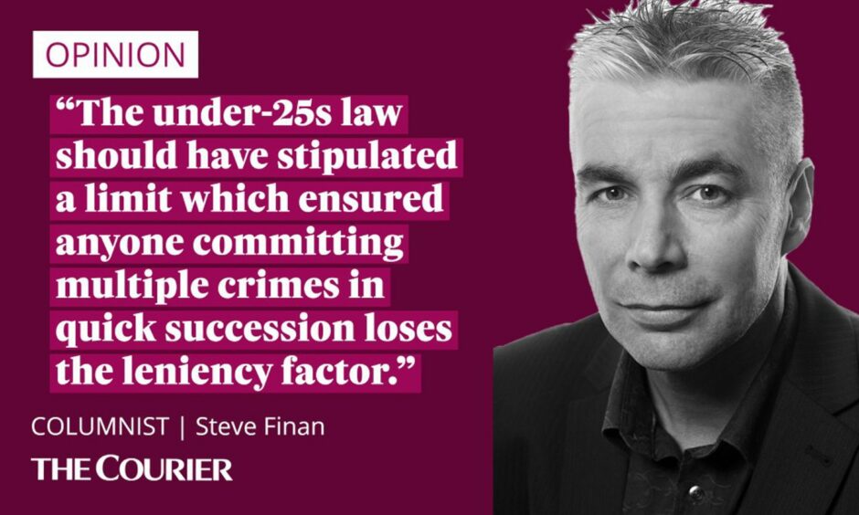 The writer Steve Finan next to a quote: "The under-25s law should have stipulated a limit which ensured anyone committing multiple crimes in quick succession loses the leniency factor."