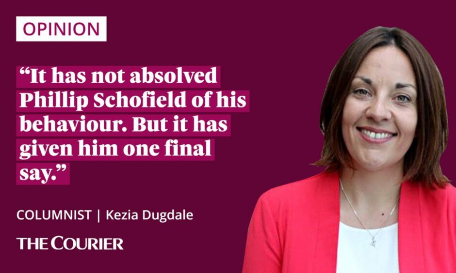 The writer Kezia Dugdale next to a quote: "It has not absolved Phillip Schofield of his behaviour but it has given him one final say."