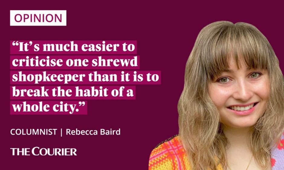 The writer Rebecca Baird next to a quote: "It's much easier to criticise one shrewd shopkeeper than it is to break the habit of a whole city."