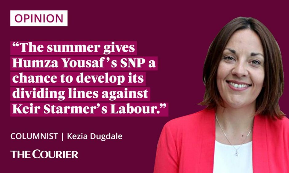 The writer Kezia Dugdale next to a quote: "The summer gives Humza Yousaf's SNP a chance to develop its dividing lines against Keir Starmer?s Labour."