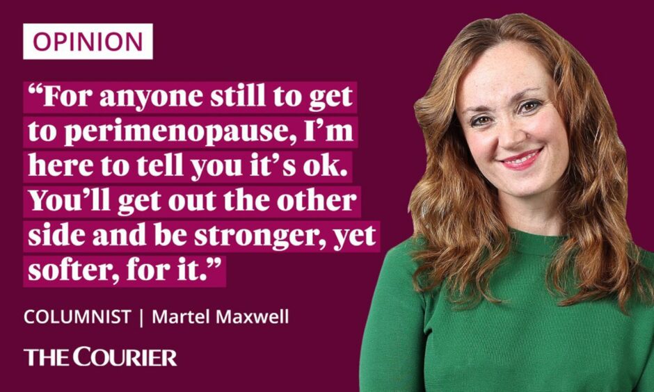 The writer Martel Maxwell next to a quote: "For anyone still to get to perimenopause, I’m here to tell you it’s ok. You’ll get out the other side and be stronger, yet softer, for it."