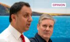 Scottish Labour leader Anas Sarwar speaking at a public event, while Labour leader Keir Starmer looks on.