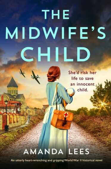 Picture shows the cover of the romantic thriller A Midwife's Child by Amanda Lees. The image is of an young woman standing in a road holding a baby. There are fighter planes in the sky overhead.