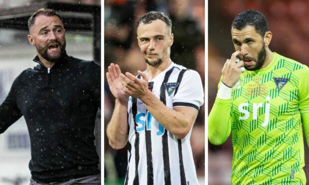 Dunfermline's James McPake, Chris Hamilton and Deniz Mehmet. Images: SNS.