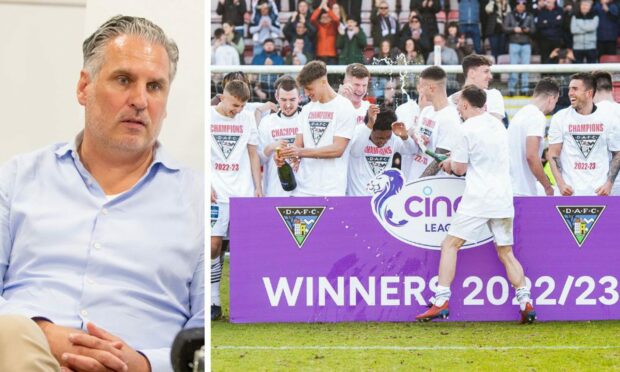 Left: Dunfermline sporting director Thomas Meggle. Right: the Pars celebrate winning the league.