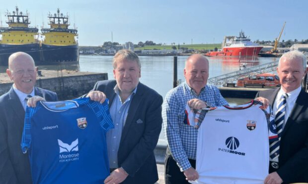 Montrose chairman John Crawford, Montrose Port Authority CEO Tom Hutchison, InterMoor's Alan Duncan and Montrose chief executive Peter Stuart launch the club's new kit