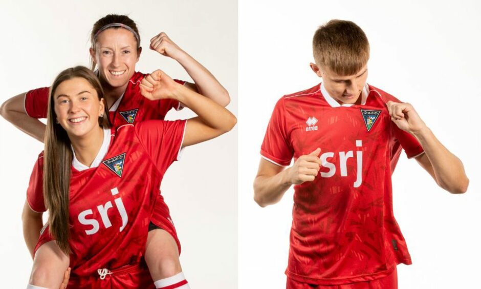 Pars players Jamie Torrance (top), Amy Reekie and Matty Todd model the new away kit. Images: Craig Brown.