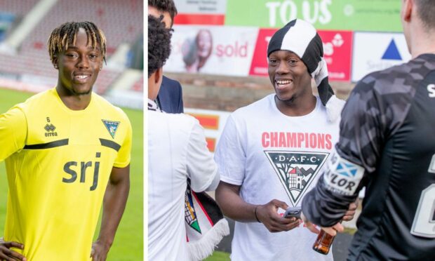 Left: Ewan Otoo signs for Dunfermline. Right: Otoo celebrates winning League One with the Pars.