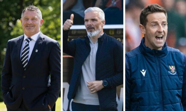 (L to R) New Dundee boss Tony Docherty, United manager Jim Goodwin and St Johnstone gaffer Steven MacLean. Images: SNS