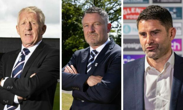 (Left to right) Gordon Strachan, Tony Docherty and No 2 Stuart Taylor are working together to make the transfer window a success for Dundee. Images: David Young/SNS