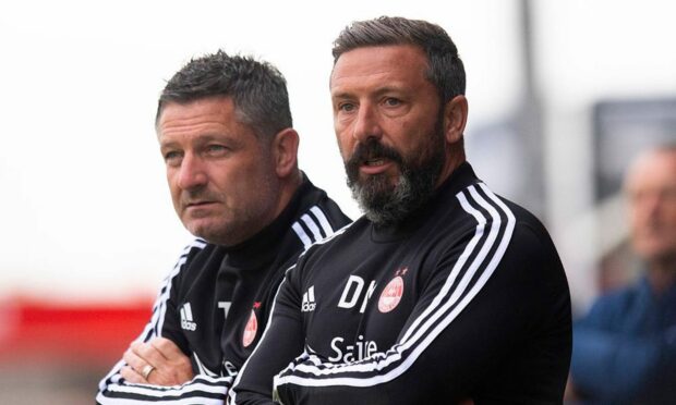 Derek McInnes and Tony Docherty (left) during their time at Aberdeen together. Image: SNS.