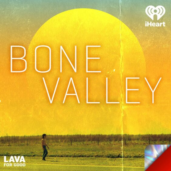 The Bone Valley podcast cover - a large yellow sun with a man walking along the roadside