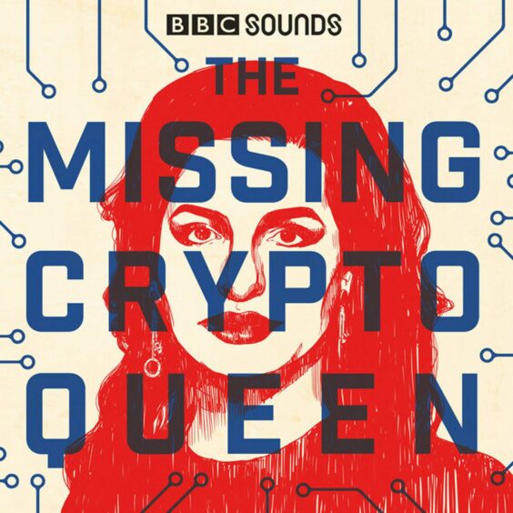 Missing Crypto Queen podcast cover with the words overlaying a women's head