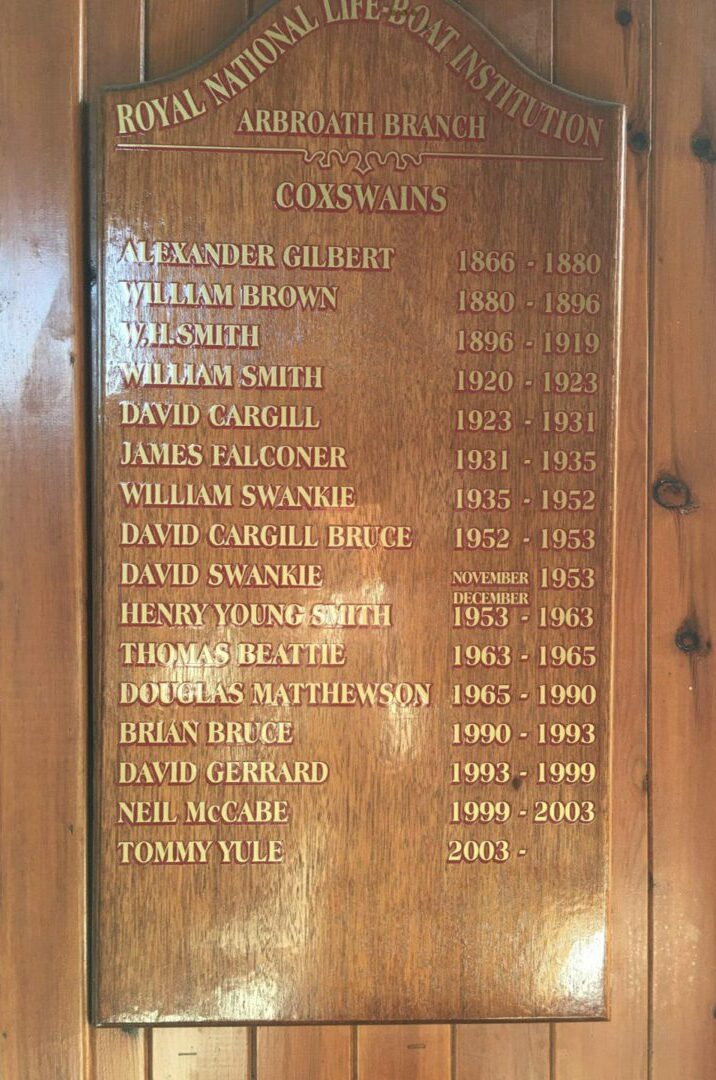 A wooden plaque listing previous coxswains in the Arbroath lifeboat crew's history