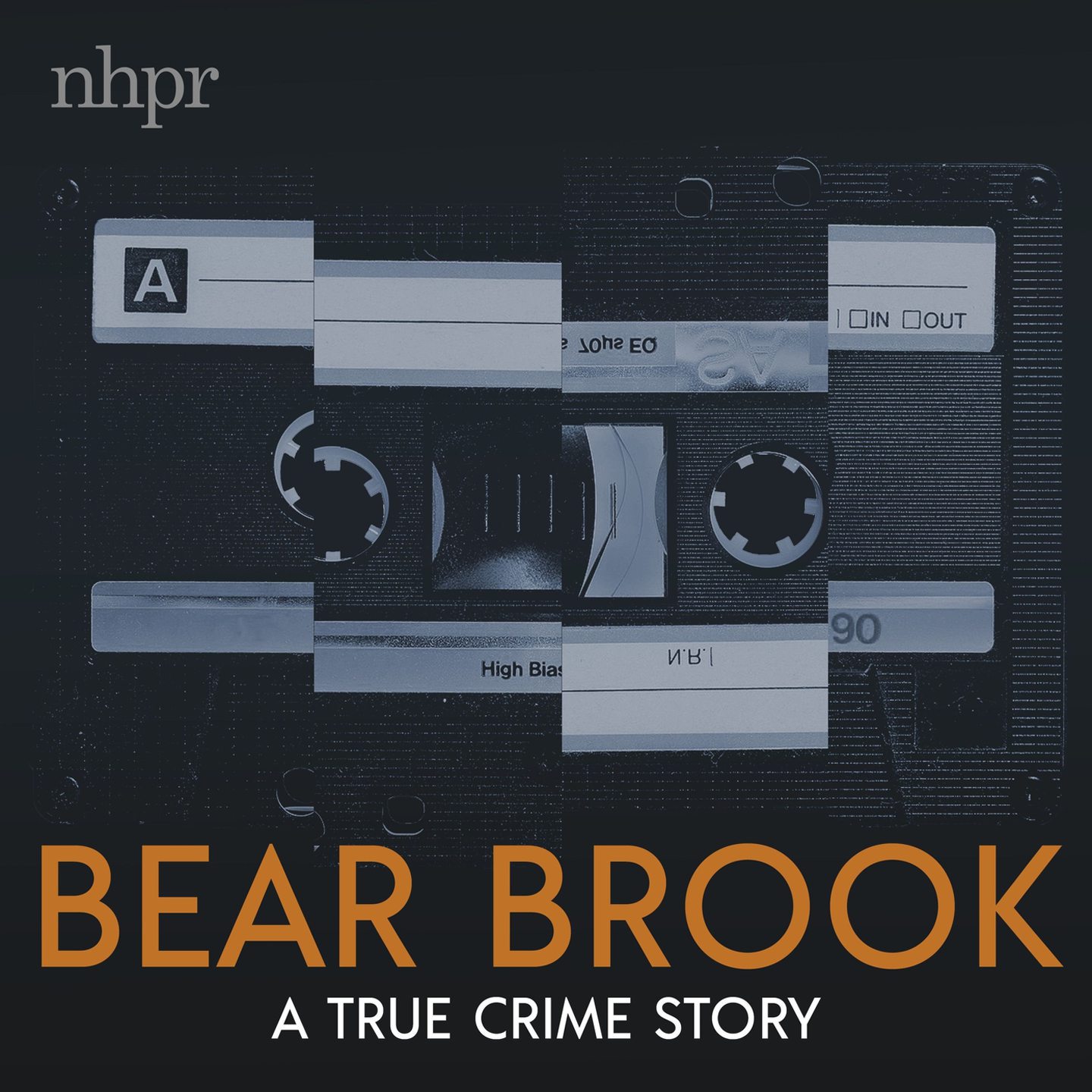 A cassette broken into four pieces with the words Bear Brooke, a true crime podcast on it.
