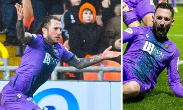 Stevie May and Nicky Clark celebrate iconic St Johnstone goals.