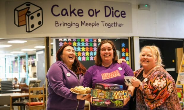 Emma Barry and, Laura Stevenson with Susie Boraman outside Cake or Dice. Image: Mhairi Edwards/DC Thomson