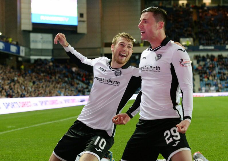 Michael O'Halloran celebrates with David Wotherspoon during a game for St Johnstone.
