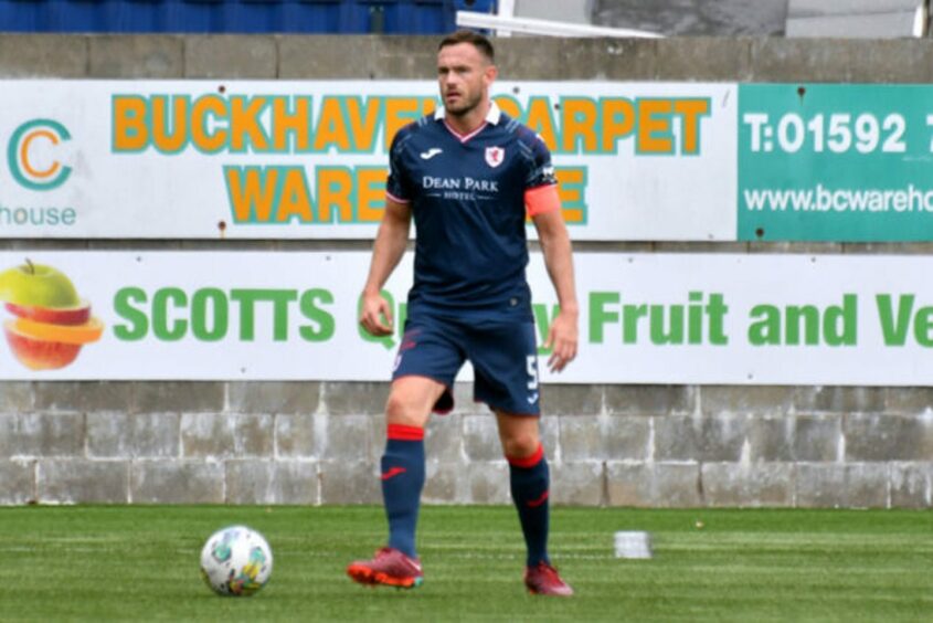 Raith Rovers defender Keith Watson with the ball at his feet earlier in the season. Image: Raith Rovers.