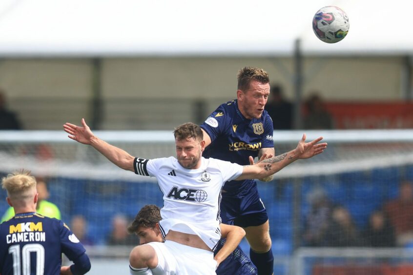 Dundee defender Lee Ashcroft challenges Mitch Megginson of Cove Rangers. Image: David Young/Shutterstock