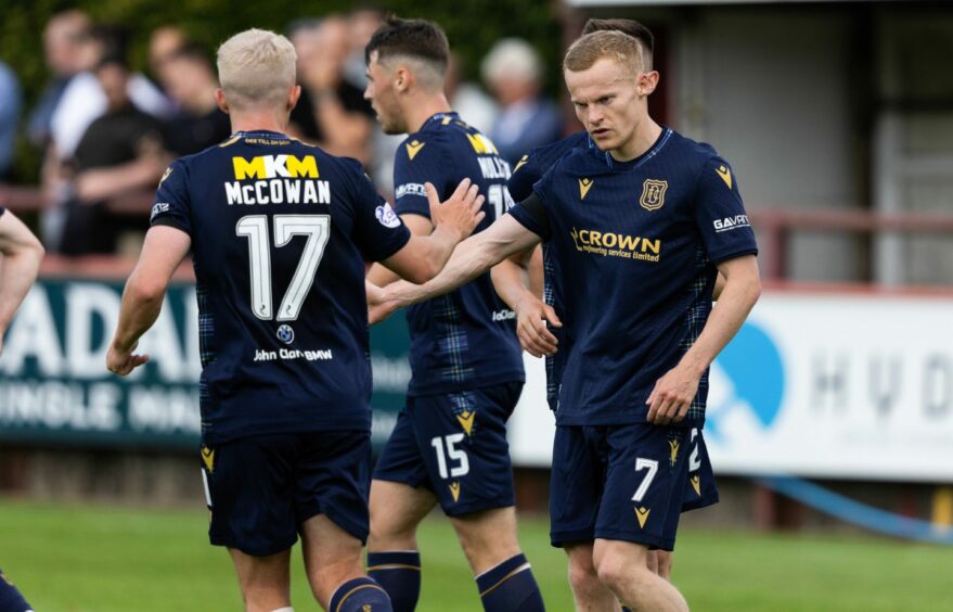 Luke McCowan celebrates with Scott Tiffoney against Brechin. Image: SNS.