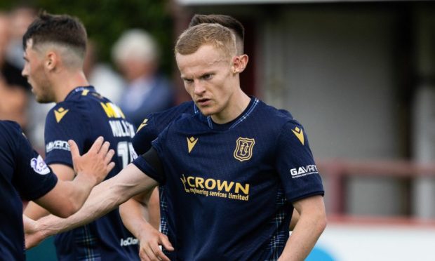 Luke McCowan celebrates with Scott Tiffoney against Brechin. Image: SNS.