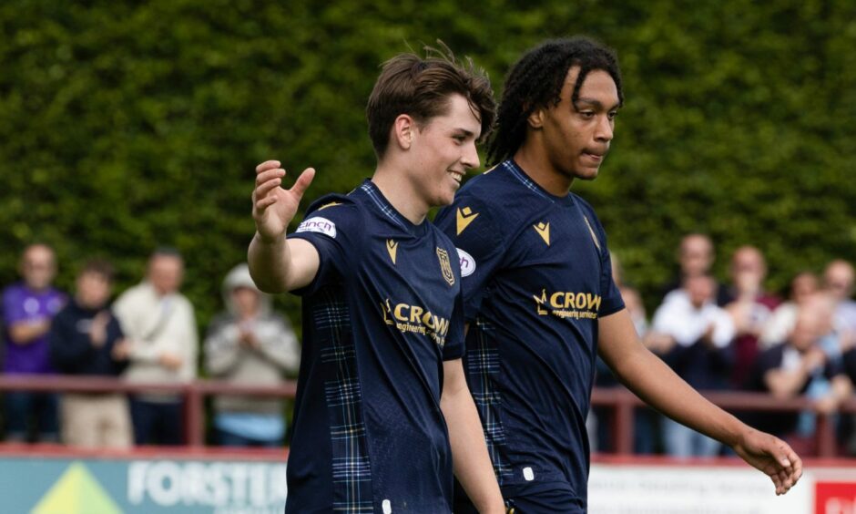 Dundee youngster Finlay Allan celebrates his goal at Brechin. Image: Craig Foy/SNS