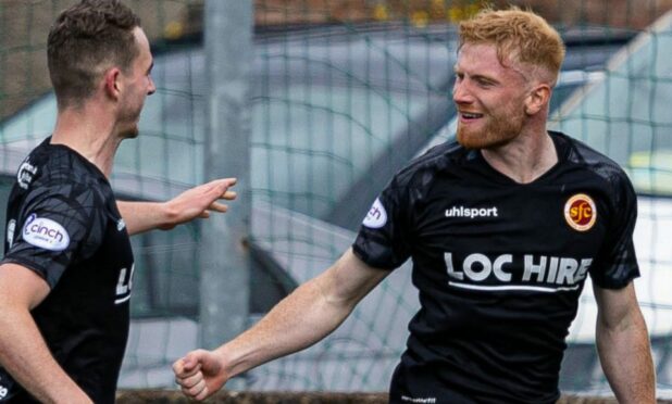 Stenhousemuir's Euan O'Reilly celebrates after scoring against St Johnstone.