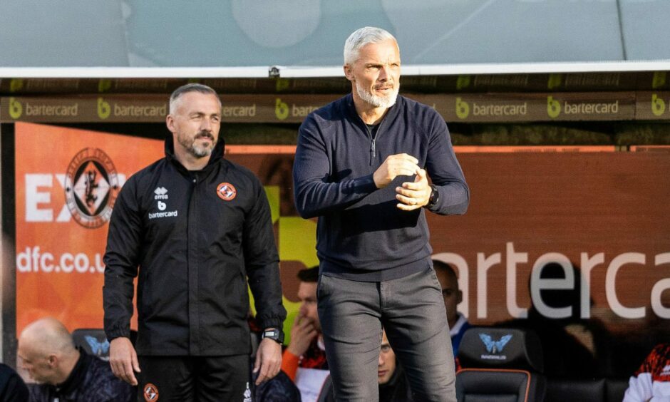 Jim Goodwin on the Tannadice touchline during Partick Thistle's win in Dundee