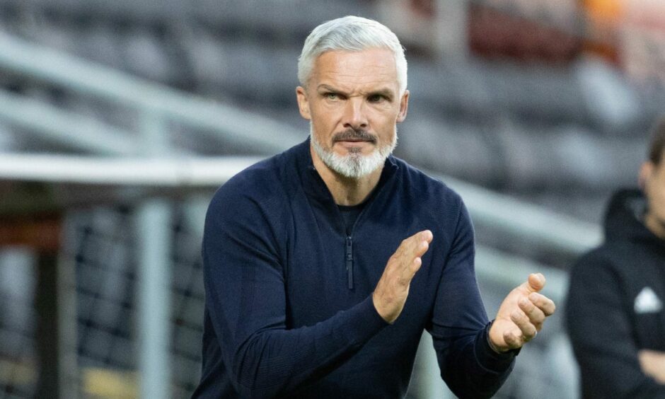 Jim Goodwin on the touchline during Dundee United vs Partick Thistle at Tannadice, Dundee.