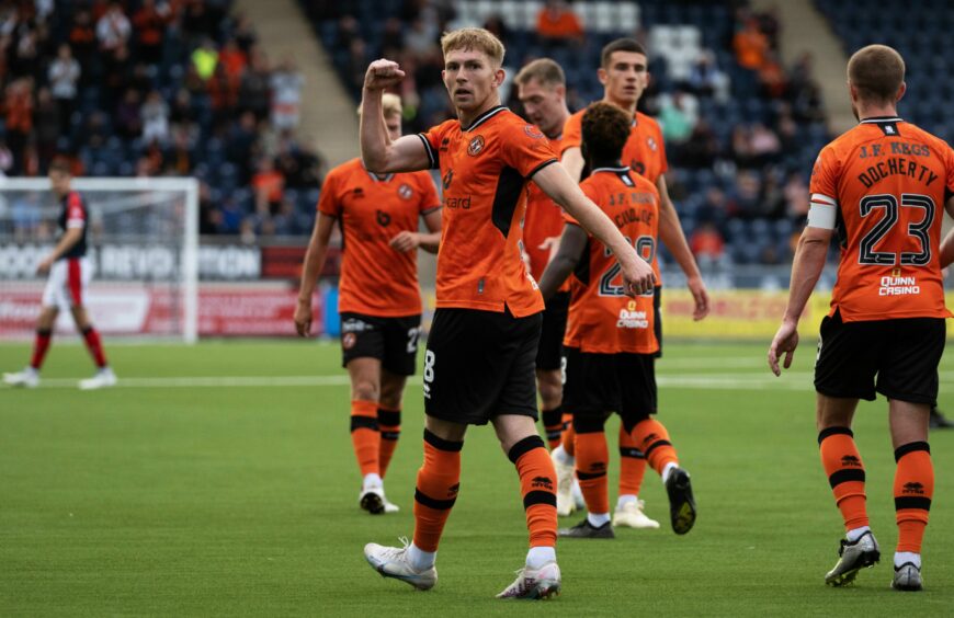 Kai Fotheringham celebrates his first ever Dundee United goal at Falkirk