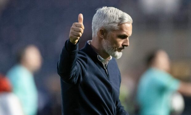 Jim Goodwin salutes Dundee United fans at Falkirk