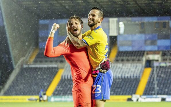 Kevin Dabrowski celebrates with Raith Rovers team-mate Dylan Easton after the penalty shoot-out win over Kilmarnock. Image: SNS.