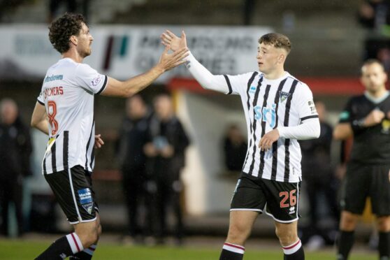 Taylor Sutherland (right) in action for Dunfermline at the start of the season. Image: Craig Brown / DAFC.