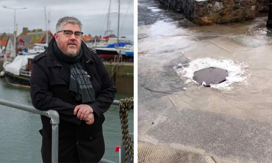 Split image of Phil Jupitus and the sewage overflow at Pittenweem Beach.