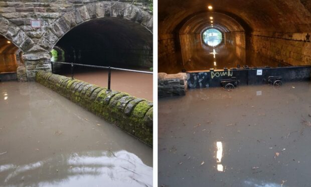 Two images of flooded public path in Perth.