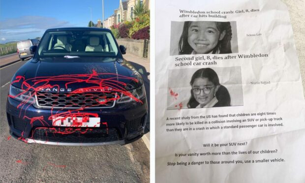 The vandalised 4x4 in Broughty Ferry and the letter left on the car.