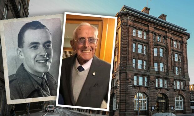 Two photographs of Andrew Duff beside the Meadowside building of DC Thomson.