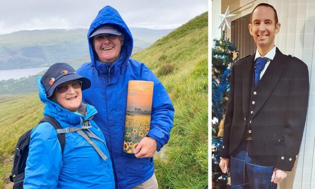 Image shows Maureen and Fred Cotterell on Ben Vorlich on one side, and their late son Iain Cotterell on the other.
