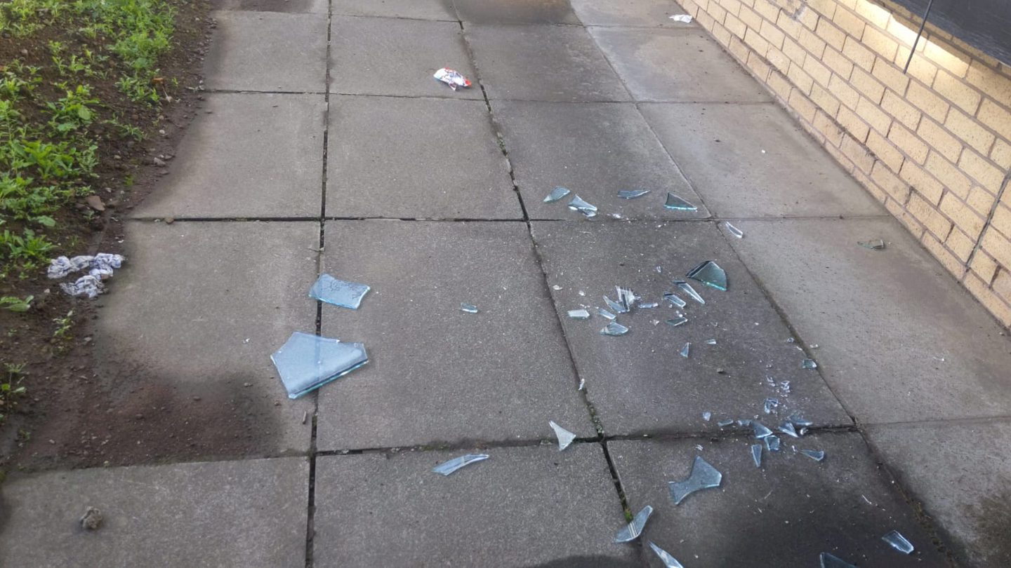 Shattered glass outside Boomerang Community Centre in Dundee